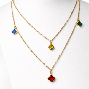 Gold necklace with colorful gemstone pendants