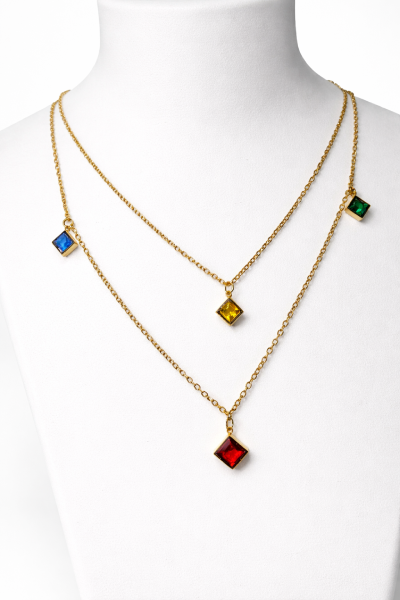 Gold necklace with colorful gemstone pendants